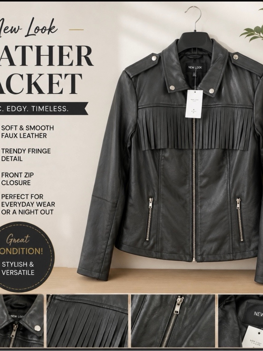 New Look Black Faux Leather Fringe Moto Jacket – Size Small